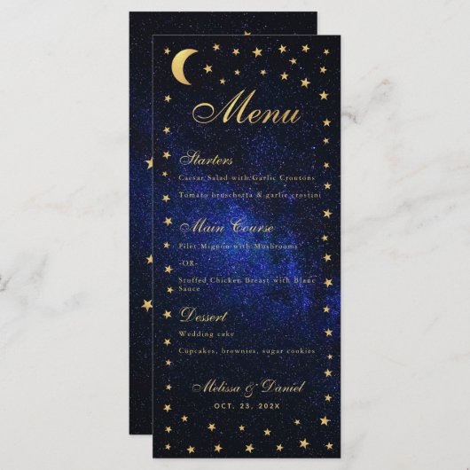天結婚のメニュー – 青エレガント金ゴールド星 メニュー (正面/裏面)