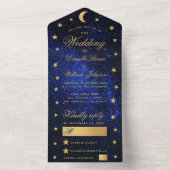 天結婚金ゴールド星と月エレガント青 オールインワン招待状 (内側)