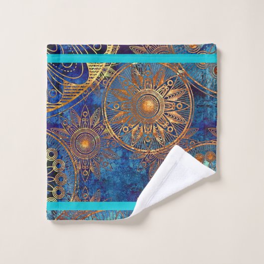 天風呂タオルセットハンドタオルブルーアクア金ゴールド バスタオルセット (ウォッシュタオル)