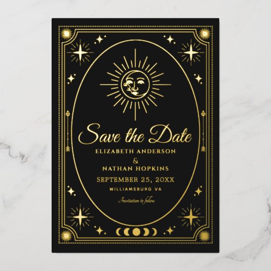 天黒タロット結婚の写真日付を保存 箔招待状 (正面)