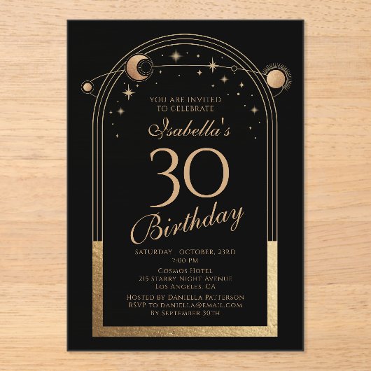 天黒金ゴールド太陽ムーンスターズ30歳の誕生日 アクリル招待状 (正面)