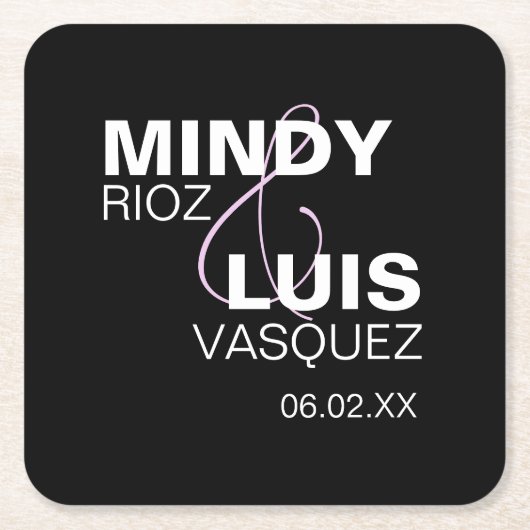 太いフォントの＆マーク ピンク ブラック スクエアペーパーコースター (正面)