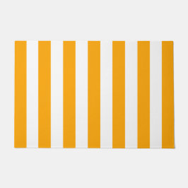 太い縦ストライプのオレンジと白ストライプの ドアマット