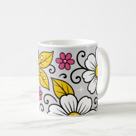 太い輪郭のカラフルな花柄 コーヒーマグカップ