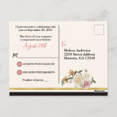 太い黒のライン、象牙色のストライプ、花柄　出欠連絡お願いします ポストカード (裏面)