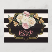 太い黒のライン、象牙色のストライプ、花柄　出欠連絡お願いします ポストカード (正面)