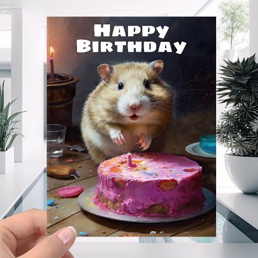 太おもしろいいハムスターとキャンドルケーキ – ハッピーバースデー カード