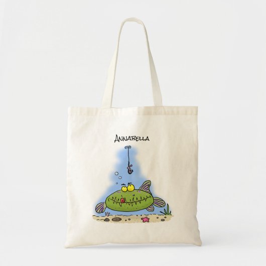 太おもしろい腹の緑の魚の魚釣り漫画おもしろい トートバッグ (正面)