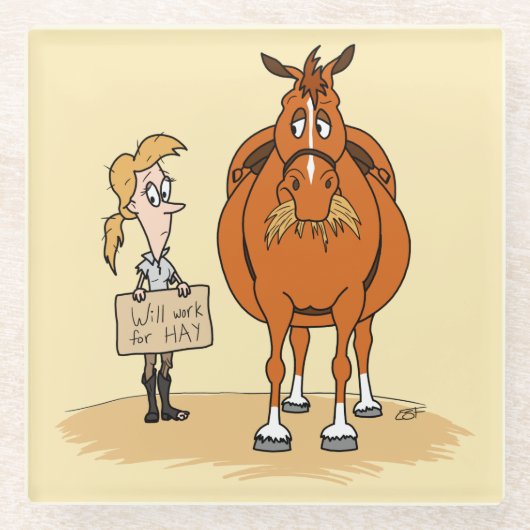 太っおもしろいた漫画の馬の女性が干し草の役に立つ ガラスコースター (正面)