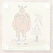 太っおもしろいた漫画の馬の女性が干し草の役に立つ ガラスコースター (裏面)