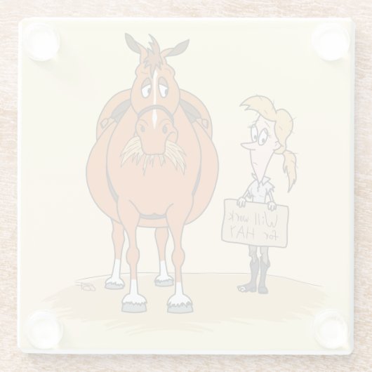 太っおもしろいた漫画の馬の女性が干し草の役に立つ ガラスコースター (裏面)