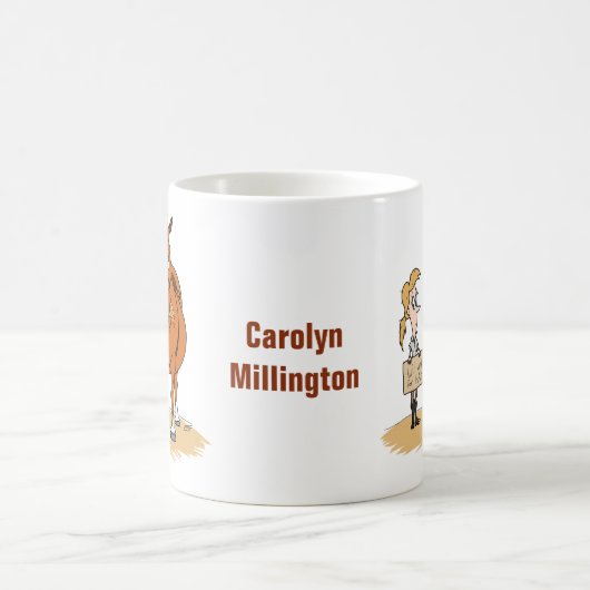 太っおもしろいた漫画の馬の女性が干し草の役に立つ コーヒーマグカップ (中央)