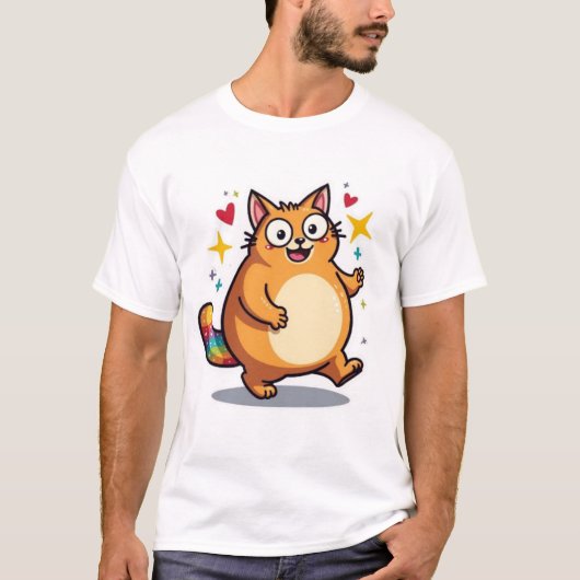 太ったかわいいオレンジの猫の虹の尾のスパークル Tシャツ (正面)