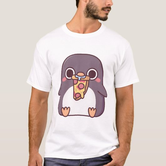 太ったかわいいペンギンとペペロニピザスライス Tシャツ (正面)