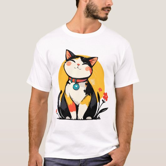 太ったにっこり三毛猫バッジ Tシャツ (正面)