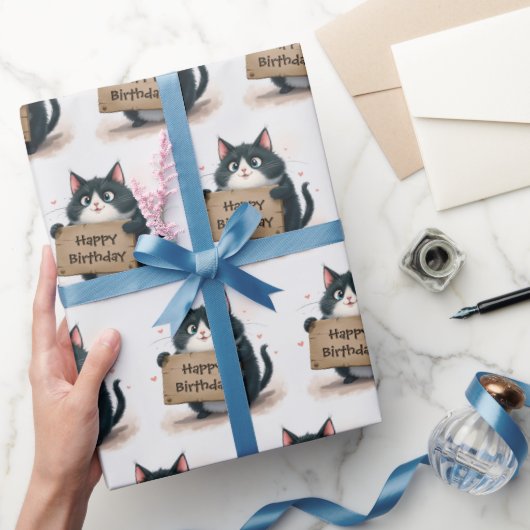 太ったタキシードの漫画の猫と誕生日の看板 ラッピングペーパー (ギフト)
