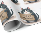 太ったタキシードの漫画の猫と誕生日の看板 ラッピングペーパー (ロールコーナー)