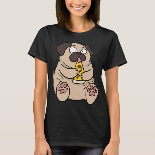 太ったパグの犬がピザを食べる面白いコミックスタイルの手描き Tシャツ (正面)