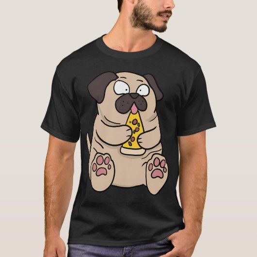太ったパグの犬がピザを食べる面白いコミックスタイルの手描き Tシャツ (正面)