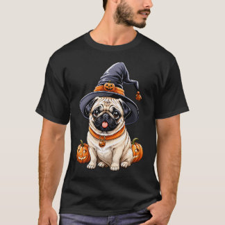 "太ったパグの魔女の帽子 ハロウィンアートシリーズ 愛 Tシャツ