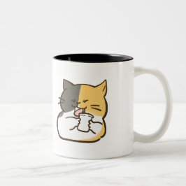 太った三毛猫 - かわいいステッカー ツートーンマグカップ
