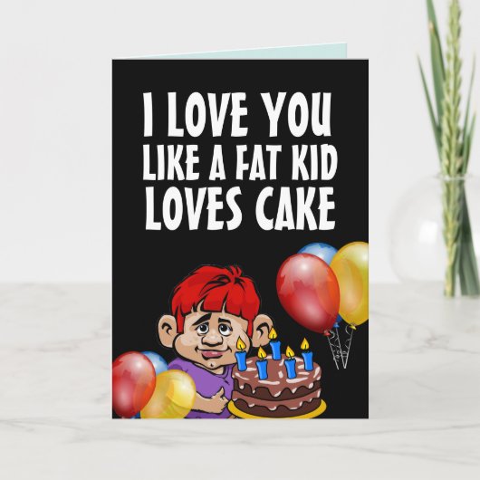 太った子供がケーキ誕生日カードを愛する サンキューカード (正面)