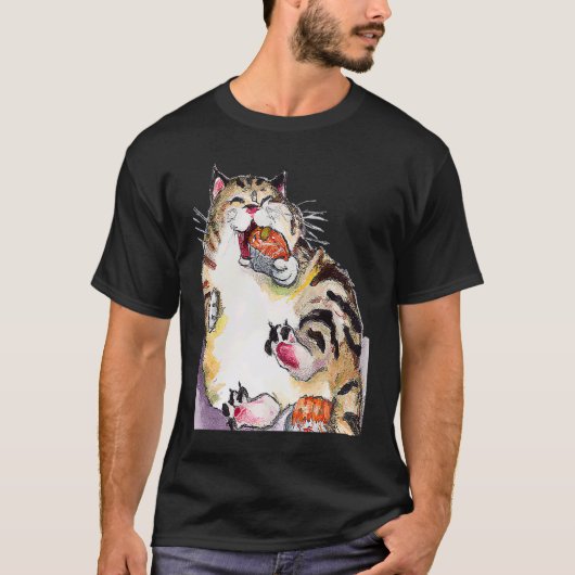 太った猫が寿司を食べている Tシャツ (正面)