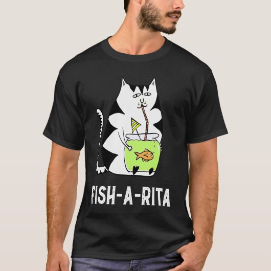 太った猫が魚の水槽を飲んでいる Tシャツ (正面)