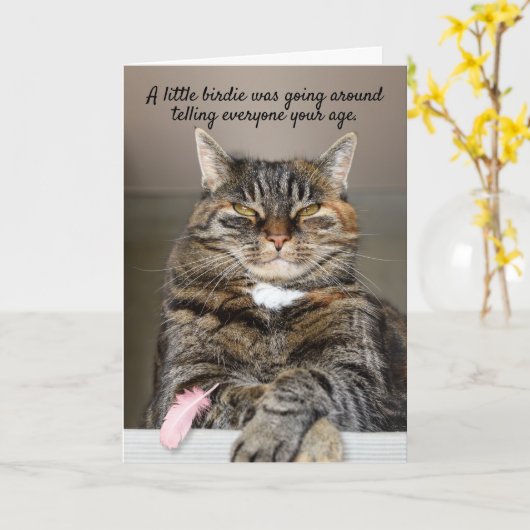 太った猫と小さなバーディおもしろい誕生日カード カード (黄色い花)