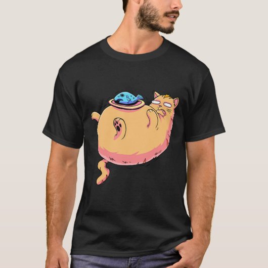 太った猫と魚 Tシャツ (正面)