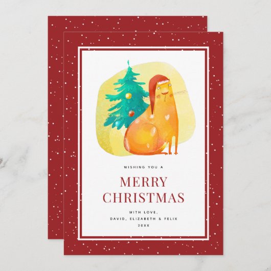 太った猫の木の雪の赤メリークリスマスカード シーズンカード (正面/裏面)