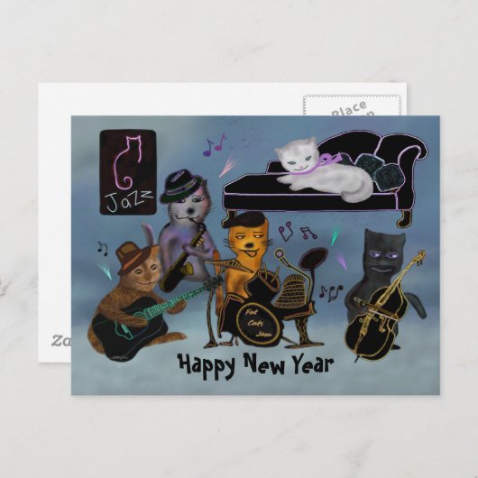 太った猫の正月のジャム シーズンポストカード (正面/裏面)