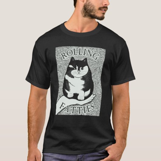 太った猫の転がり モノクロ子猫 Tシャツ (正面)