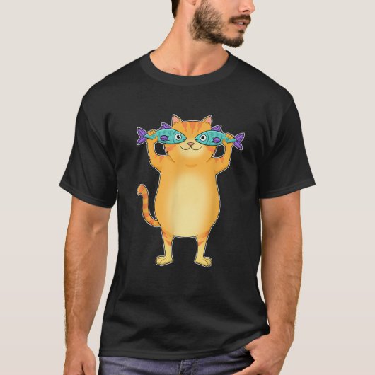 太った猫釣り魚釣り目ペット子猫好き Tシャツ (正面)