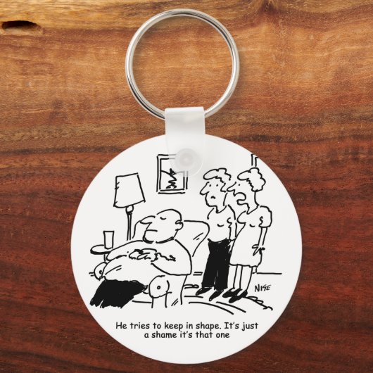 太りすぎの肥満の男性がフィット保しようとすおもしろいる キーホルダー (正面)