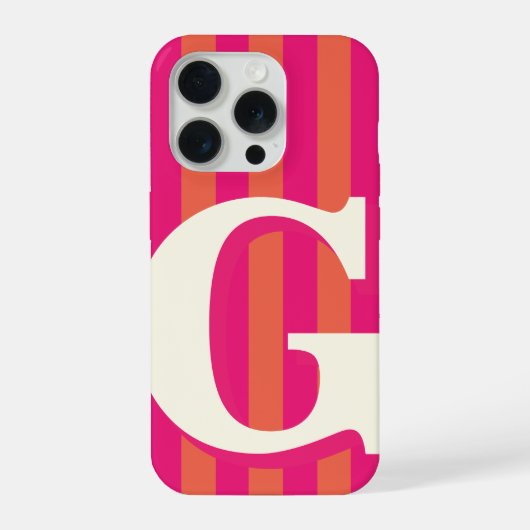 太字のイニシャル ピンクとオレンジのストライプ iPhoneケース (裏面)