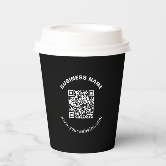 太字の円形テキストのビジネス名付きQRコード 紙コップ (正面)