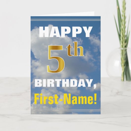 太字の曇り空の空とニセ金色の5歳の誕生日+名前 カード (正面)