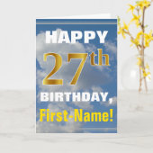 太字の曇り空の空、偽金色の27歳の誕生日+名前 カード (黄色い花)