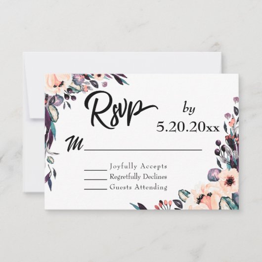 太字の花柄と手書き風タイポグラフィの結婚式RSVP 出欠カード (正面)
