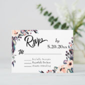 太字の花柄と手書き風タイポグラフィの結婚式RSVP 出欠カード (スタンド正面)