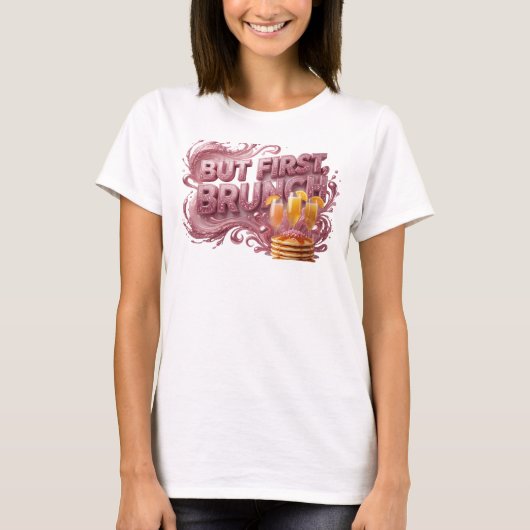 太字の赤いBUT FIRST BRUNCH引用シャツ Tシャツ (正面)