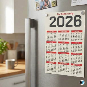 太字の赤と黒のカスタム家族名 2026年 カレンダー