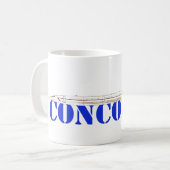 太字の青い文字が入ったコンコルドジェット コーヒーマグカップ (正面左)