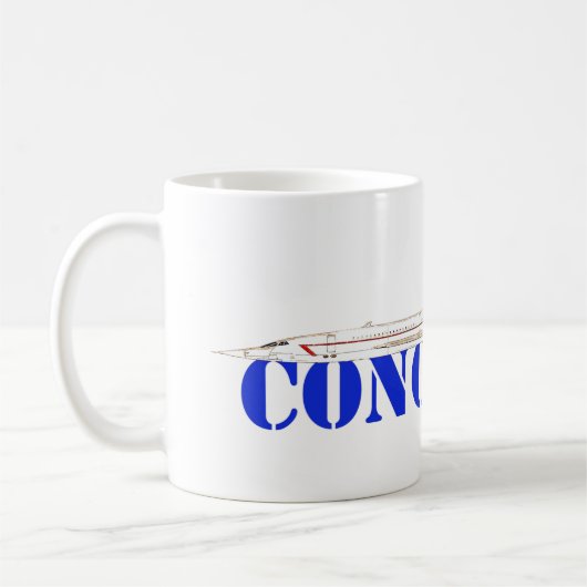 太字の青い文字が入ったコンコルドジェット コーヒーマグカップ (左)