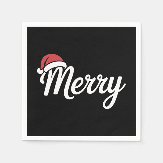太字の黒のメリークリスマスサンタ帽子 スタンダードカクテルナプキン (正面)