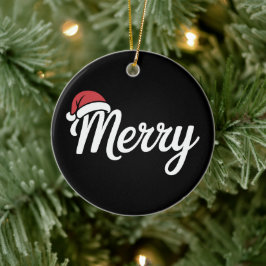 太字の黒のメリークリスマスサンタ帽子 セラミックオーナメント