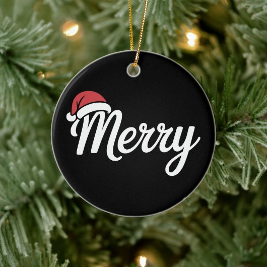 太字の黒のメリークリスマスサンタ帽子 セラミックオーナメント (ツリー)