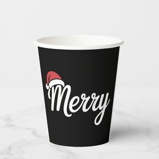 太字の黒のメリークリスマスサンタ帽子 紙コップ (正面)