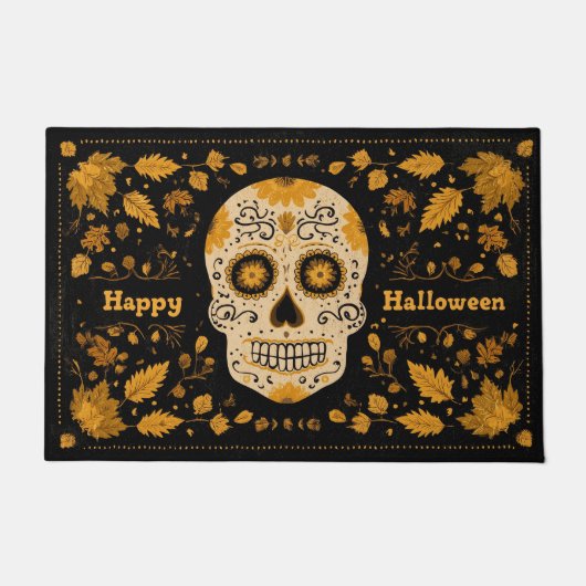 太字オレンジのハッピーハロウィンスカル ドアマット (正面)